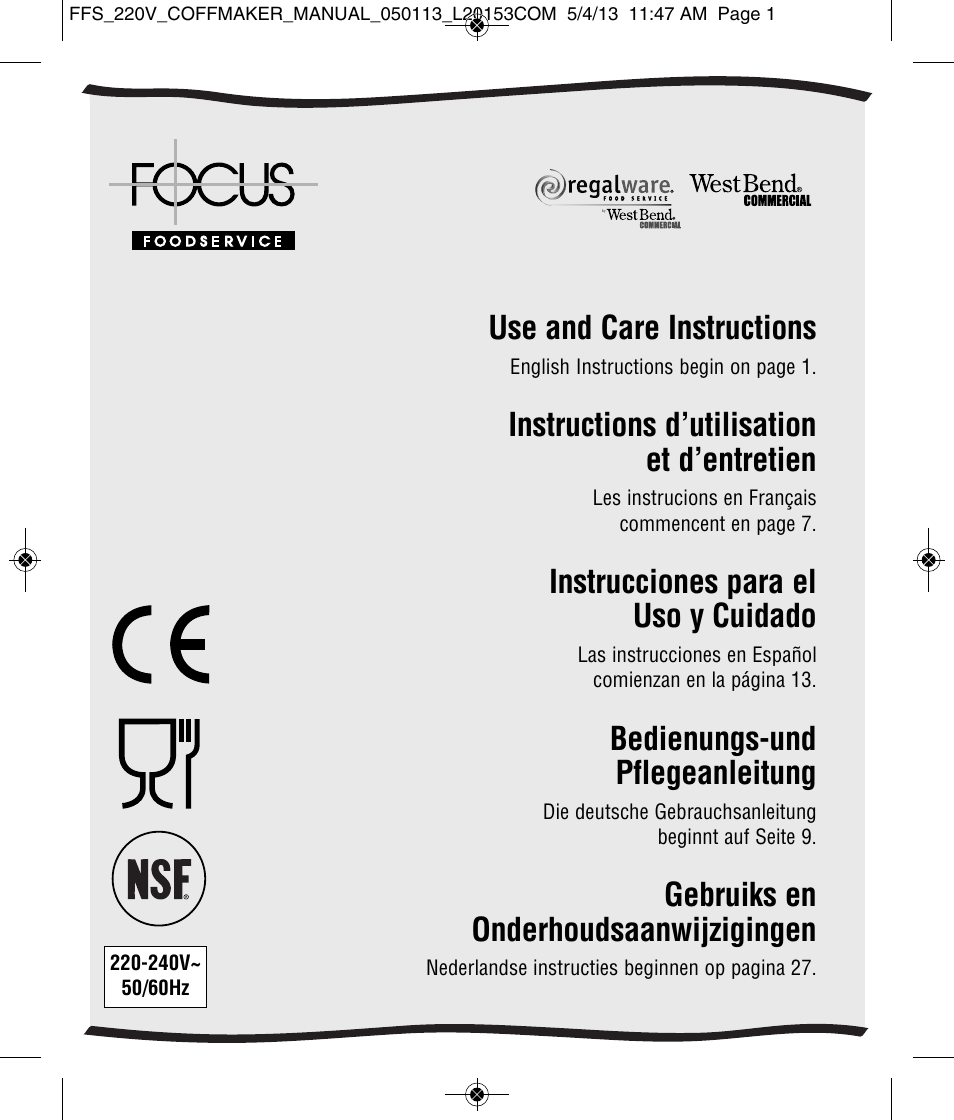 Use and care instructions, Instructions d’utilisation et d’entretien, Instrucciones para el uso y cuidado | Bedienungs-und pflegeanleitung, Gebruiks en onderhoudsaanwijzigingen | Focus Foodservice West Bend Commercial Aluminum Coffeemakers - Use & Care es User Manual | Page 49 / 84