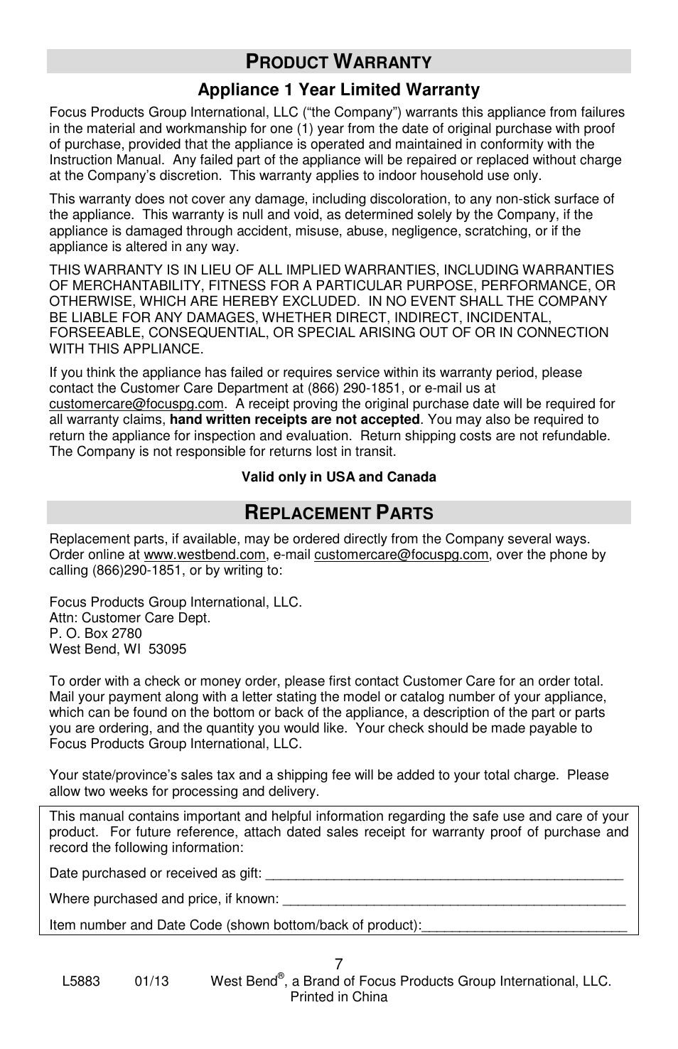 Appliance 1 year limited warranty | Focus Foodservice West Bend Commercial Aluminum Coffeemakers - Use & Care es User Manual | Page 7 / 84