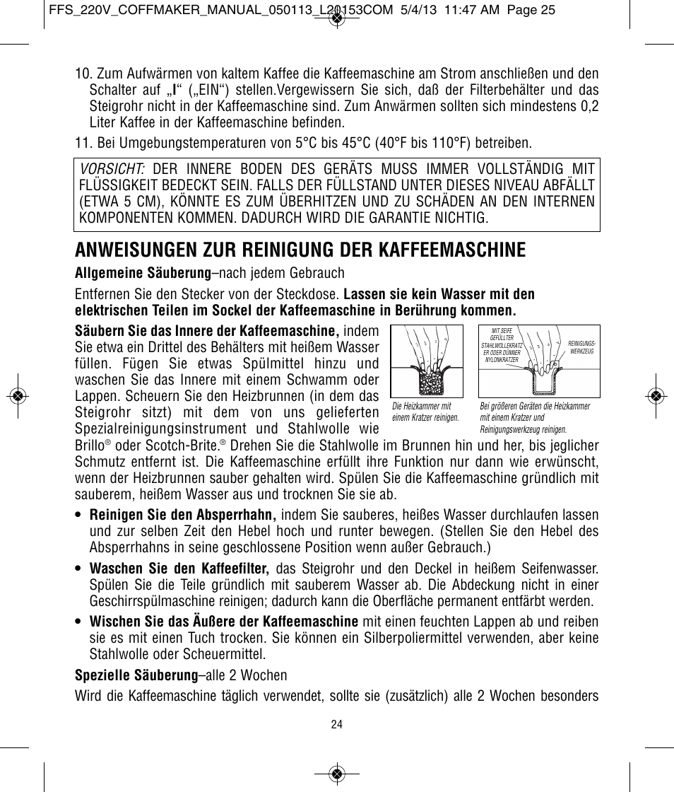 Anweisungen zur reinigung der kaffeemaschine, Oder scotch-brite | Focus Foodservice West Bend Commercial Aluminum Coffeemakers - Use & Care es User Manual | Page 73 / 84