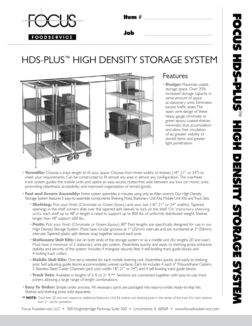 Focus Foodservice HDS-PluS HigH DenSity Storage SyStem - Specification Sheets User Manual | 4 pages