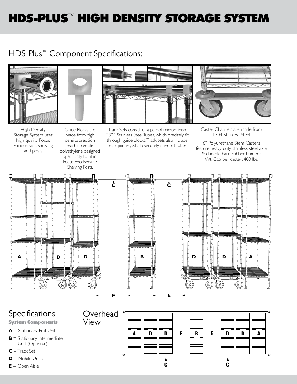 Hds-plus, High density storage system, Component specifications: specifications | Overhead view | Focus Foodservice HDS-PluS HigH DenSity Storage SyStem - Specification Sheets User Manual | Page 2 / 4