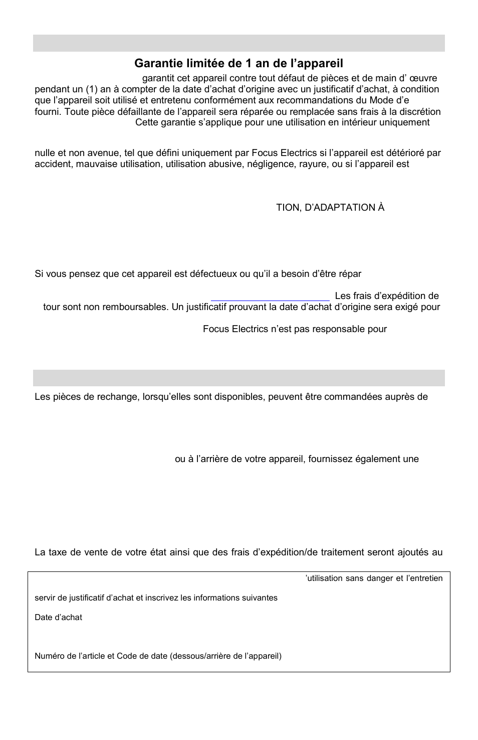 Garantie limitée de 1 an de l’appareil, Arantie du produit, Ièces de rechange | Focus Foodservice COMMERCIAL COFFEEMAKERS es User Manual | Page 15 / 24