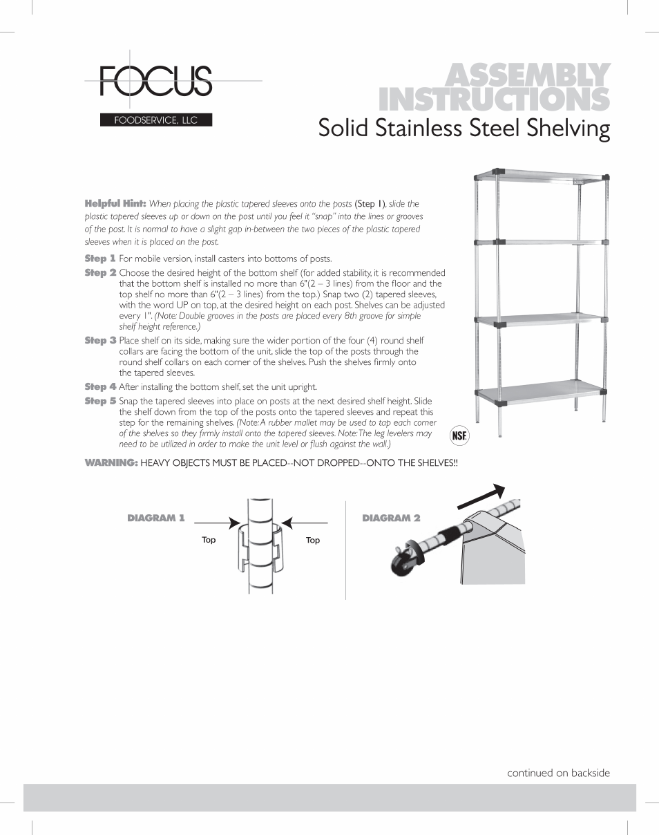 Focus Foodservice Shelving Solid STAINLESS STEEL - Assembly Instructions User Manual | 11 pages