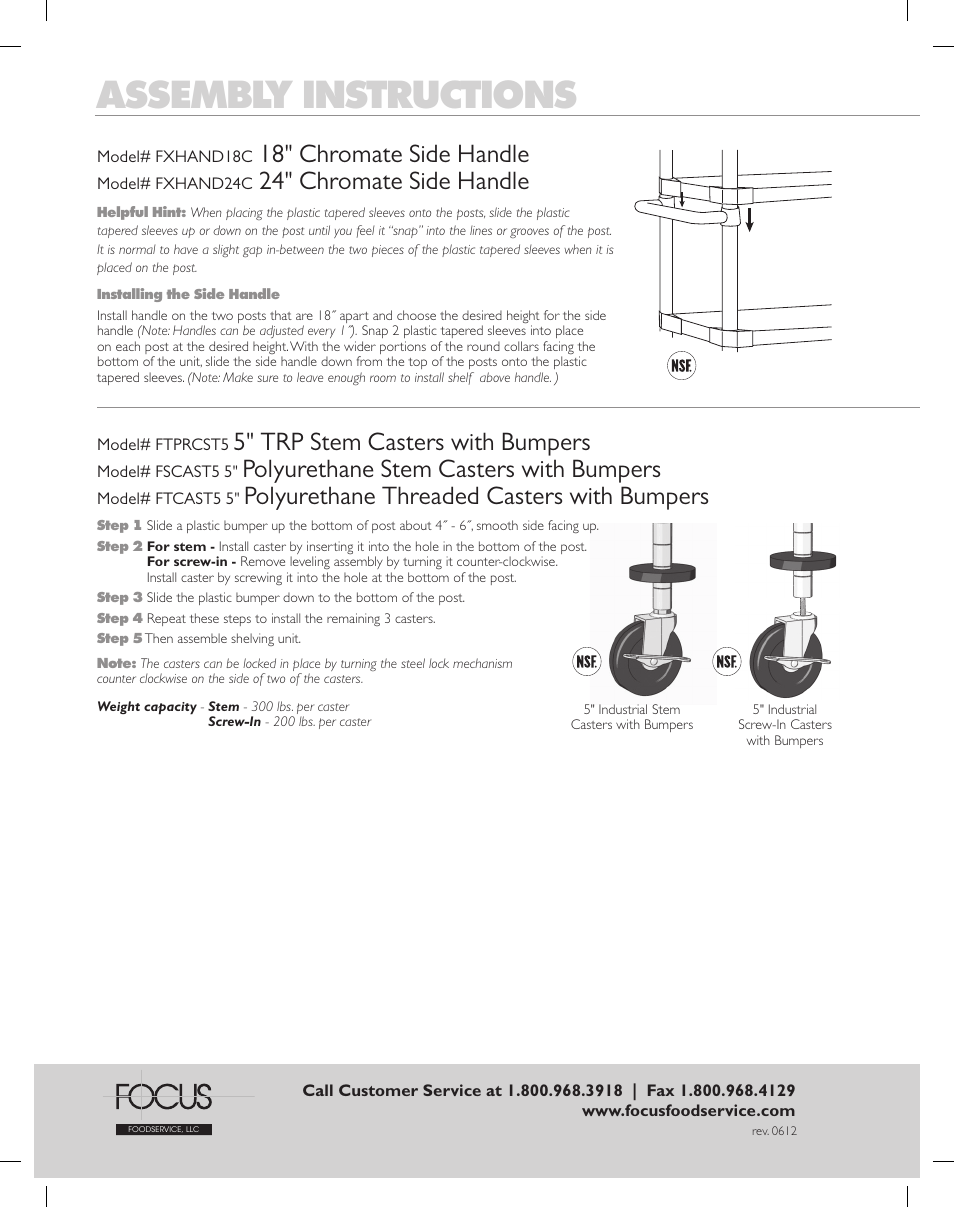 Assembly instructions, 5" trp stem casters with bumpers, Polyurethane stem casters with bumpers | Polyurethane threaded casters with bumpers, 18" chromate side handle, 24" chromate side handle | Focus Foodservice Shelving Solid STAINLESS STEEL - Assembly Instructions User Manual | Page 2 / 11