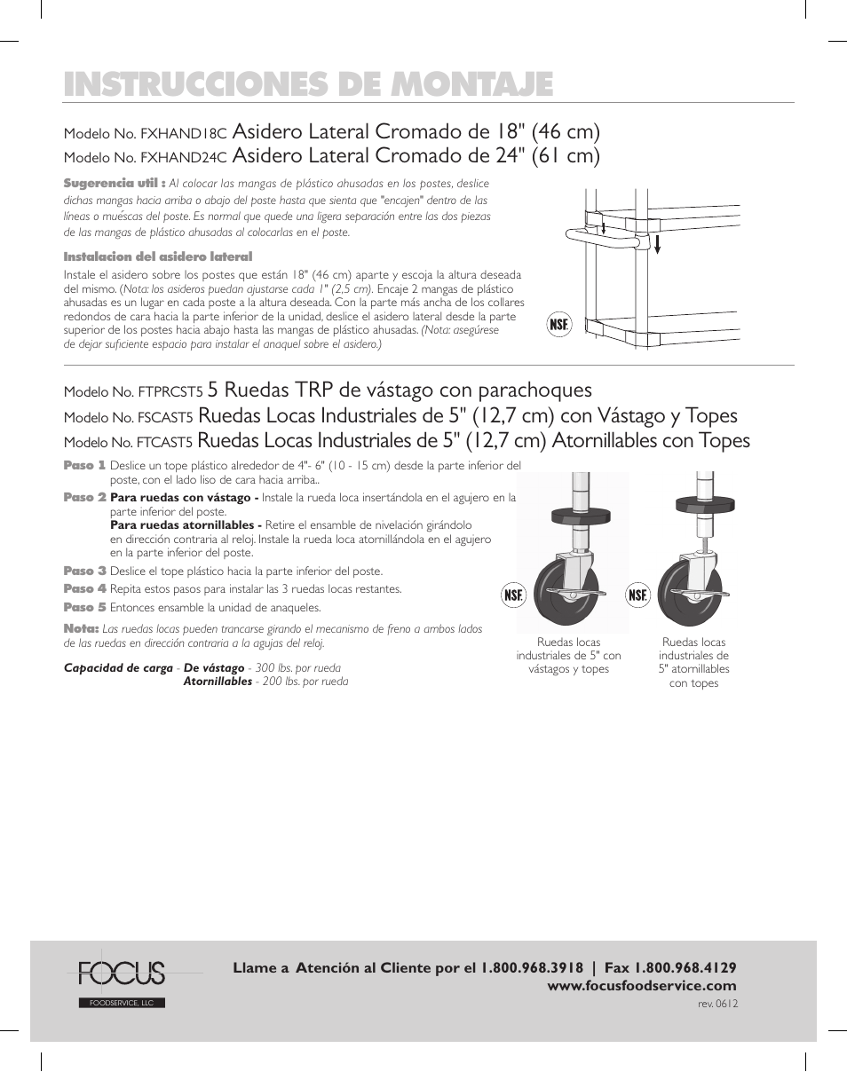 Instrucciones de montaje, 5 ruedas trp de vástago con parachoques, Asidero lateral cromado de 18" (46 cm) | Asidero lateral cromado de 24" (61 cm) | Focus Foodservice Shelving Solid STAINLESS STEEL - Assembly Instructions User Manual | Page 4 / 11