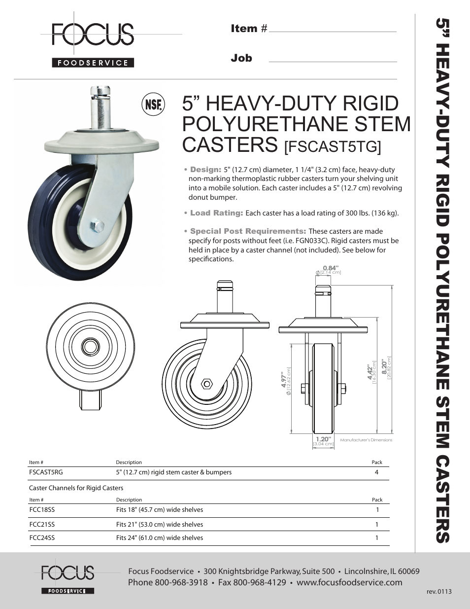 Focus Foodservice FSCAST5TG 5” HEAVY-DUTY RIGID POLYURETHANE STEM CASTERS - Specification Sheets User Manual | 1 page