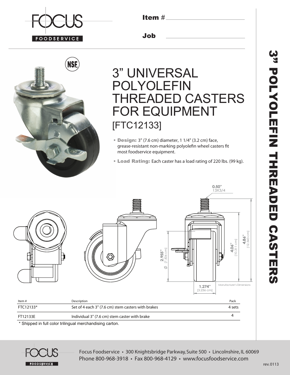 Focus Foodservice FTC12133 3” UNIVERSAL POLYOLEFIN THREADED CASTERS FOR EQUIPMENT - Specification Sheets User Manual | 1 page