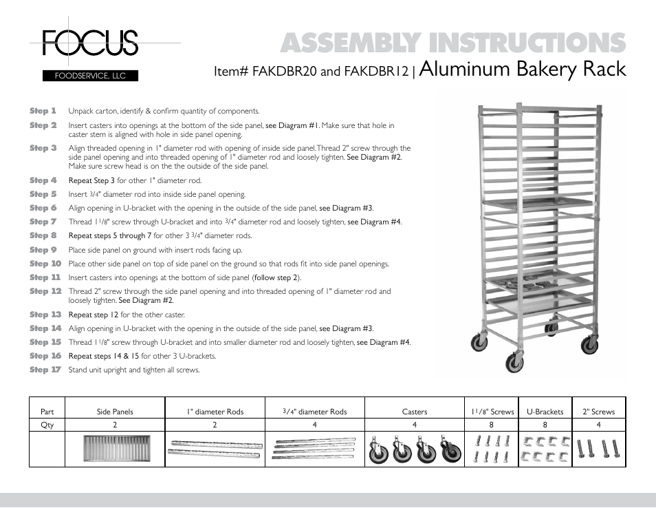 Focus Foodservice FAKDBR12 Aluminum Bakery Rack - Assembly Instructions User Manual | 4 pages