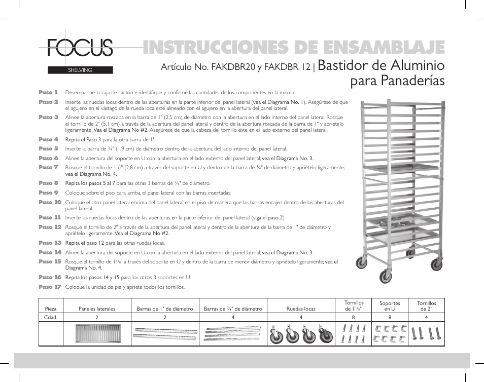 Instrucciones de ensamblaje, Bastidor de aluminio para panaderías, Artículo no. fakdbr20 y fakdbr 12 | Focus Foodservice FAKDBR12 Aluminum Bakery Rack - Assembly Instructions User Manual | Page 3 / 4