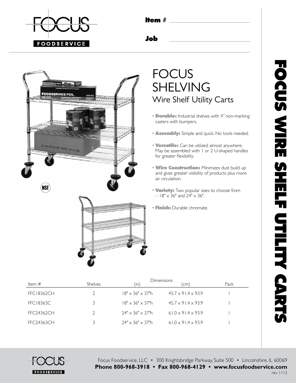 Focus Foodservice SHELVING Wire Shelf Utility Carts - Specification Sheets User Manual | 1 page