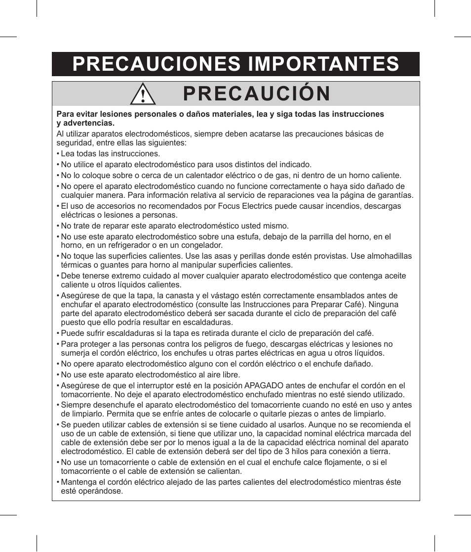 Precaución, Precauciones importantes | Focus Foodservice Regalware Food Service Aluminum and Black Satin-Finish Coffeemakers [58000R Series] - Use & Care es User Manual | Page 16 / 24