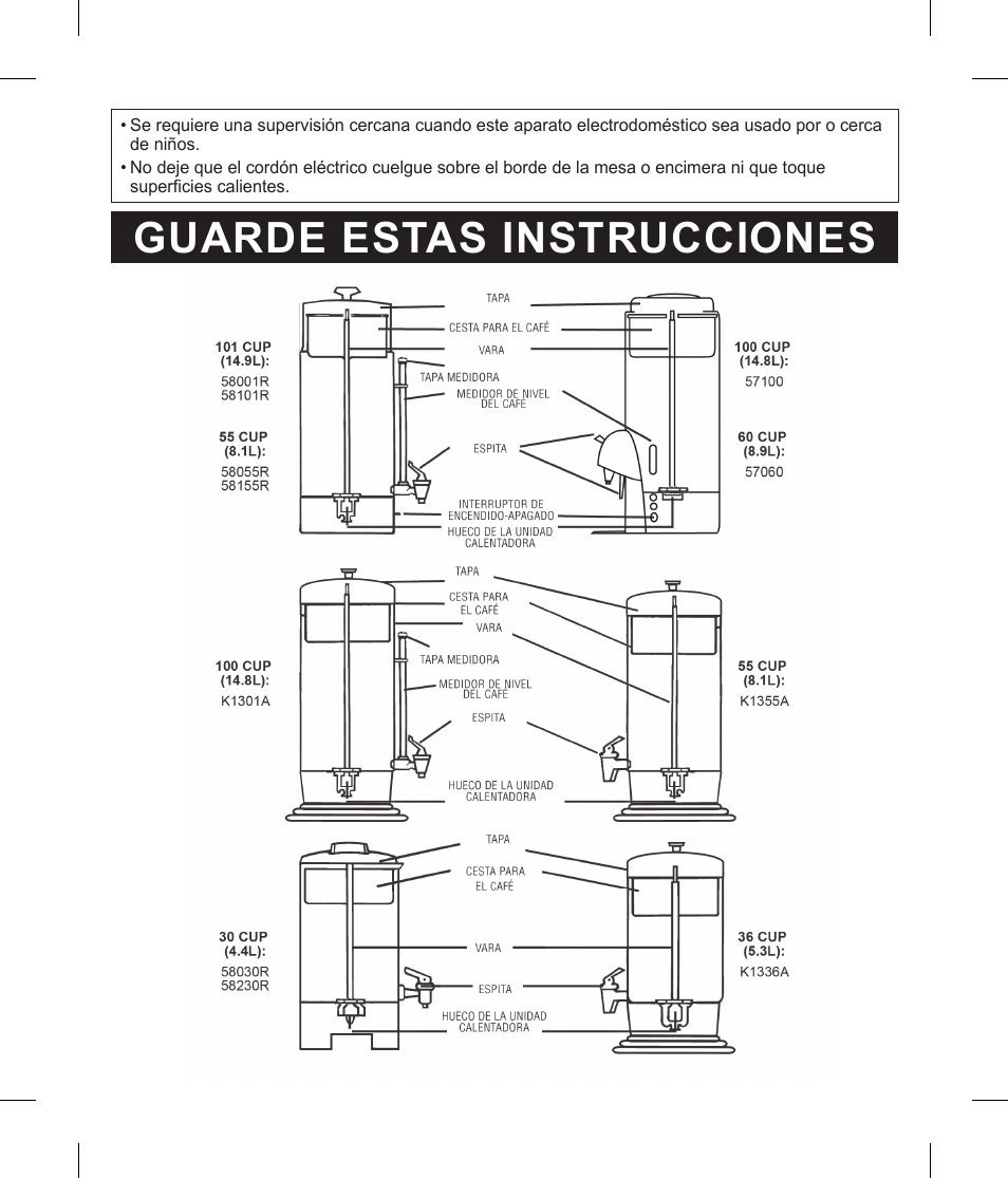 Guarde estas instrucciones | Focus Foodservice Regalware Food Service Aluminum and Black Satin-Finish Coffeemakers [58000R Series] - Use & Care es User Manual | Page 17 / 24