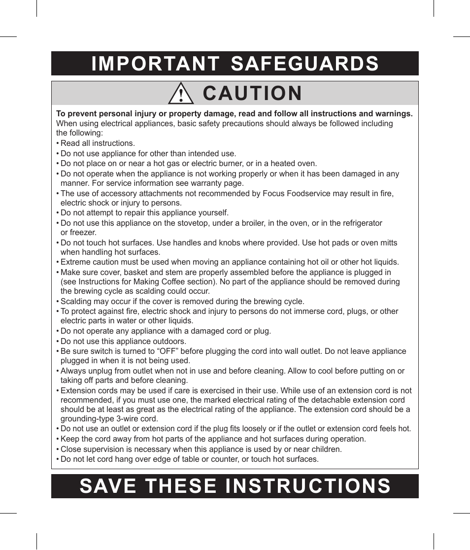 Caution, Important safeguards save these instructions | Focus Foodservice Regalware Food Service Aluminum and Black Satin-Finish Coffeemakers [58000R Series] - Use & Care es User Manual | Page 2 / 24