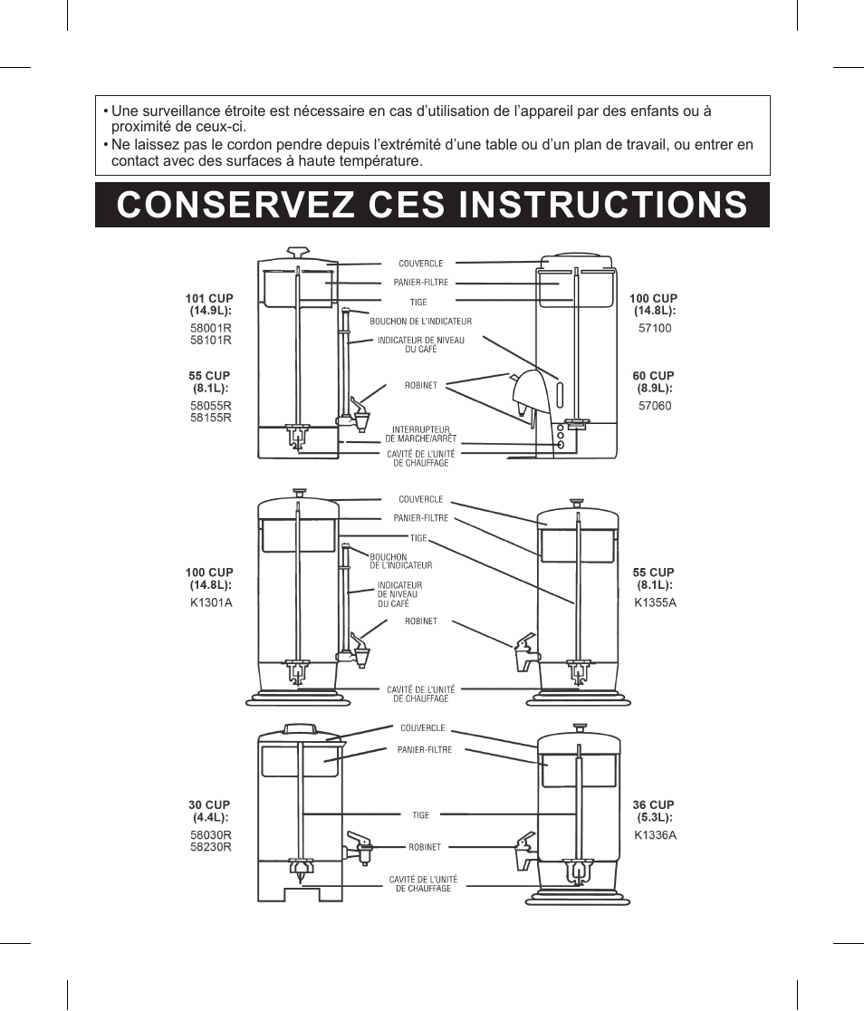 Conservez ces instructions | Focus Foodservice Regalware Food Service Aluminum and Black Satin-Finish Coffeemakers [58000R Series] - Use & Care es User Manual | Page 9 / 24