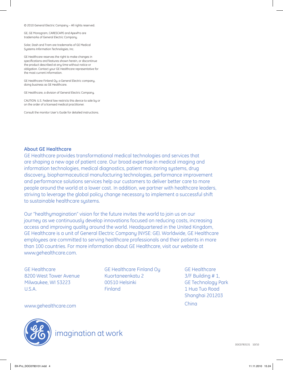 Imagination at work | GE Healthcare GE EK-Pro Arrhythmia Algorithm User Manual | Page 4 / 4