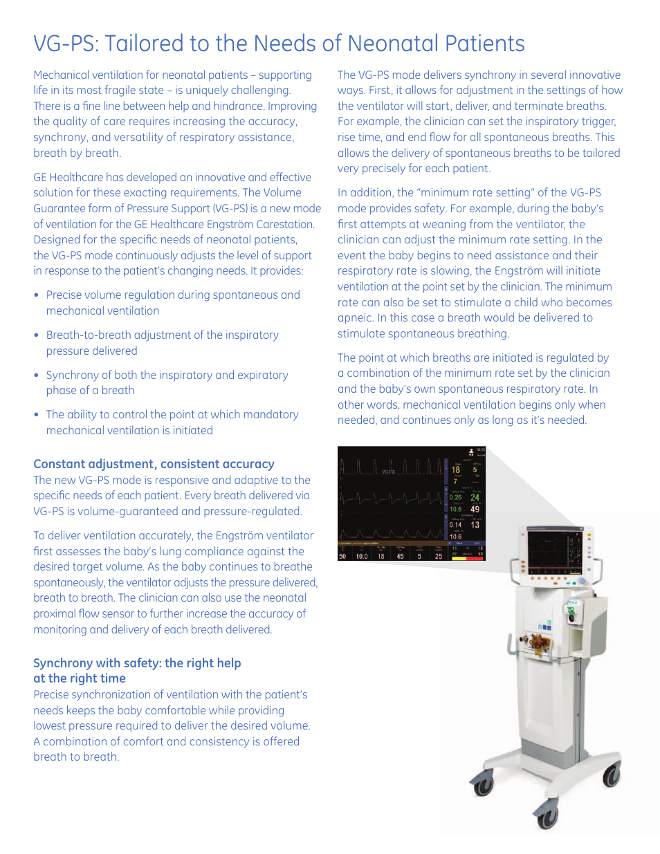 Vg-ps: tailored to the needs of neonatal patients | GE Healthcare VG-PS Ventilation User Manual | Page 2 / 4