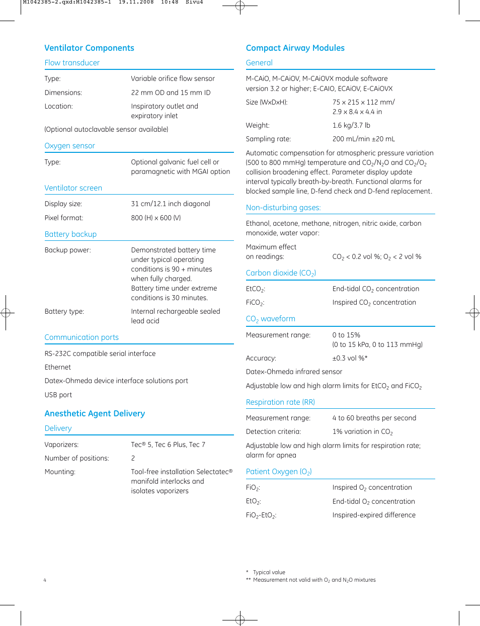 Ventilator components, Anesthetic agent delivery, Compact airway modules | GE Healthcare Avance User Manual | Page 4 / 8