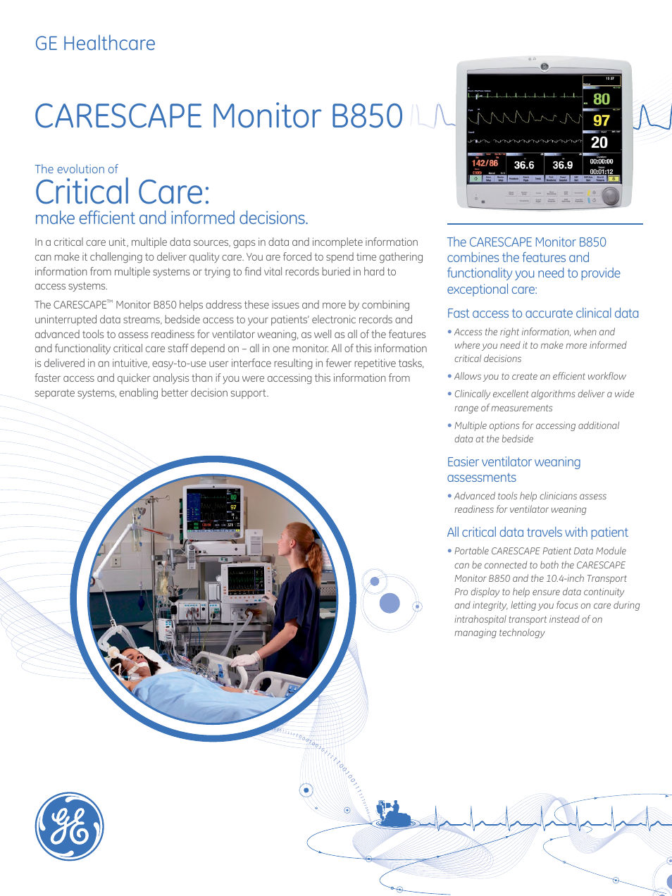 GE Healthcare CARESCAPE Monitor B850 User Manual | 2 pages