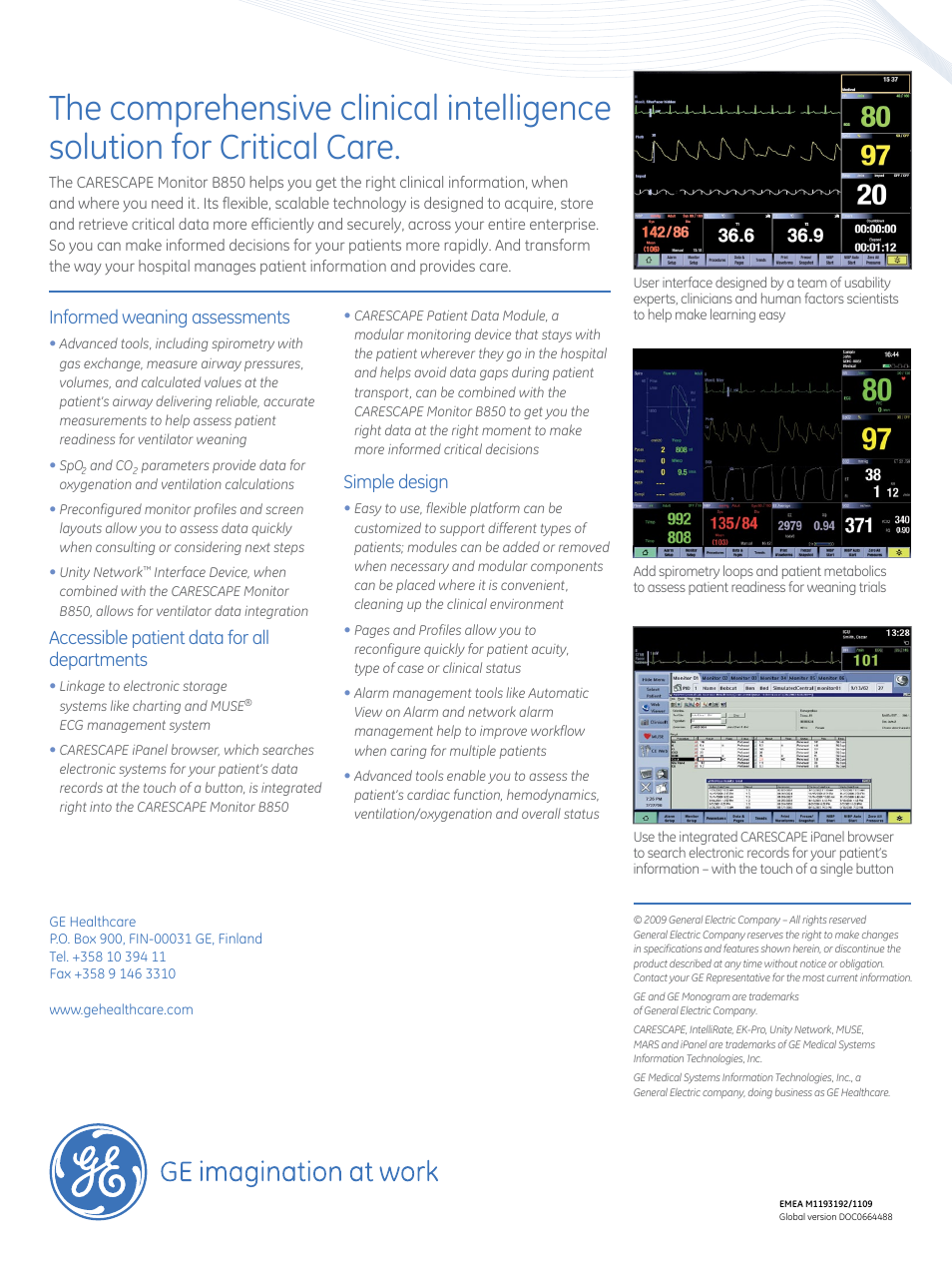 Informed weaning assessments, Accessible patient data for all departments, Simple design | GE Healthcare CARESCAPE Monitor B850 User Manual | Page 2 / 2