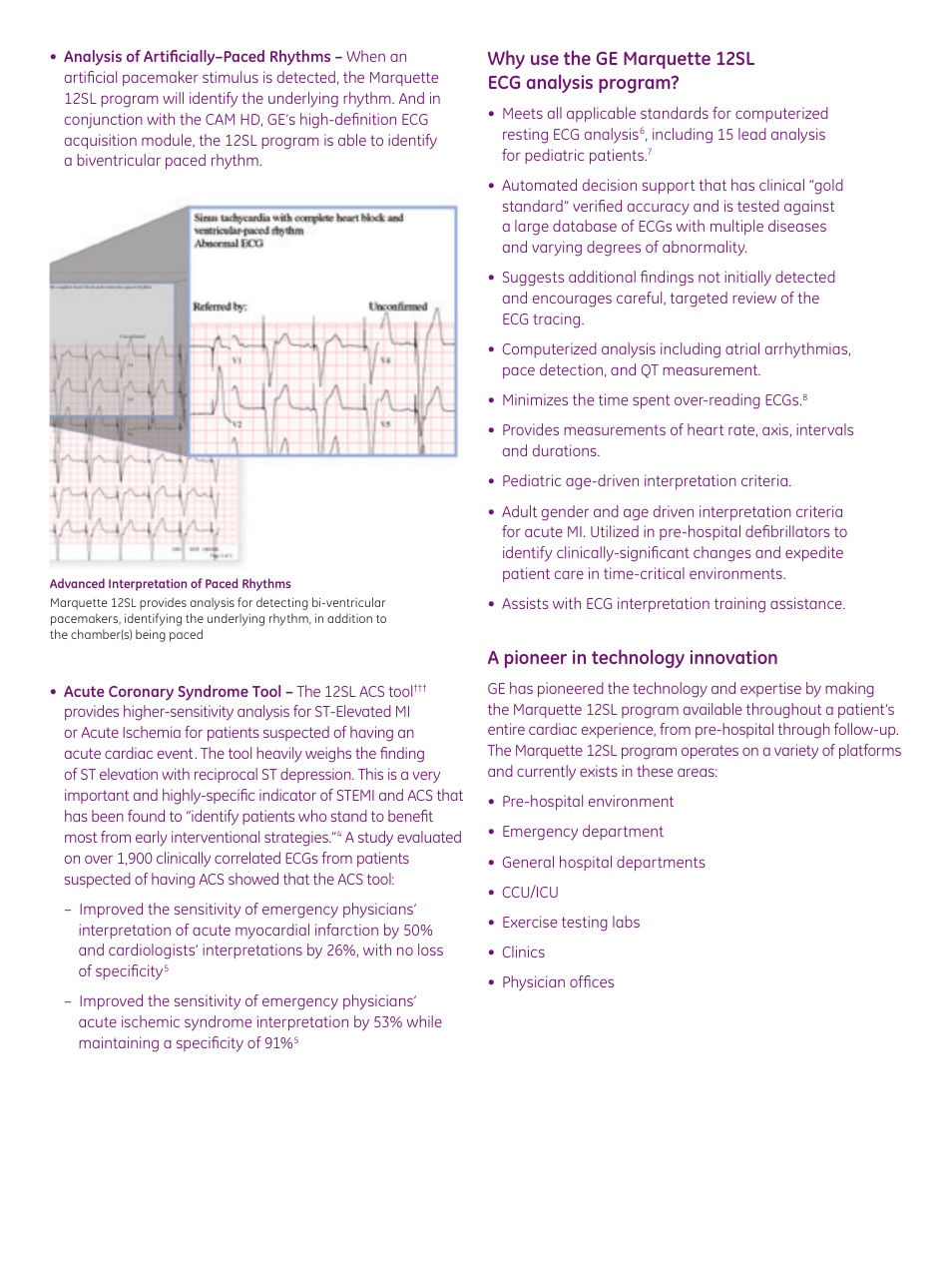 Why use the ge marquette 12sl ecg analysis program, A pioneer in technology innovation | GE Healthcare Marquette 12SL ECG User Manual | Page 3 / 4