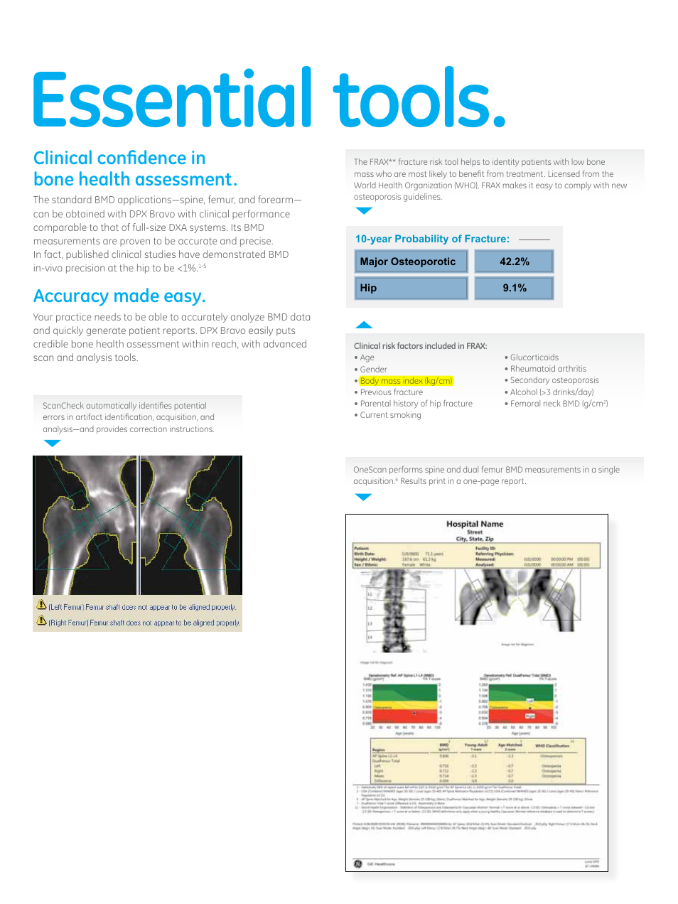 Essential tools, Clinical confidence in bone health assessment, Accuracy made easy | GE Healthcare DPX Bravo User Manual | Page 4 / 8