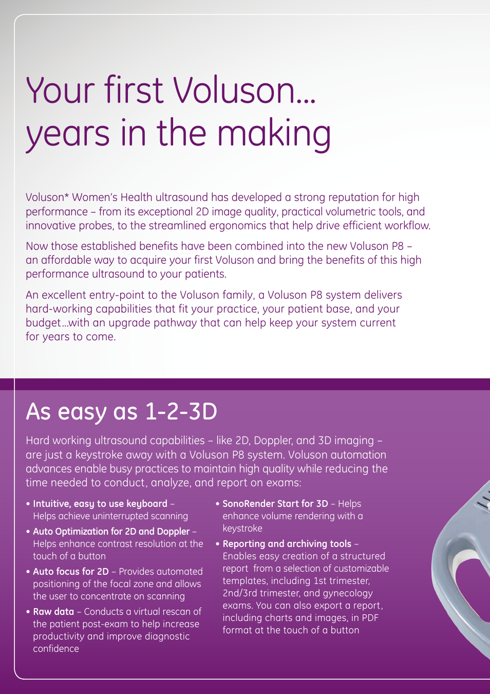 Your first voluson... years in the making, As easy as 1-2-3d | GE Healthcare Voluson Performance Series User Manual | Page 2 / 8