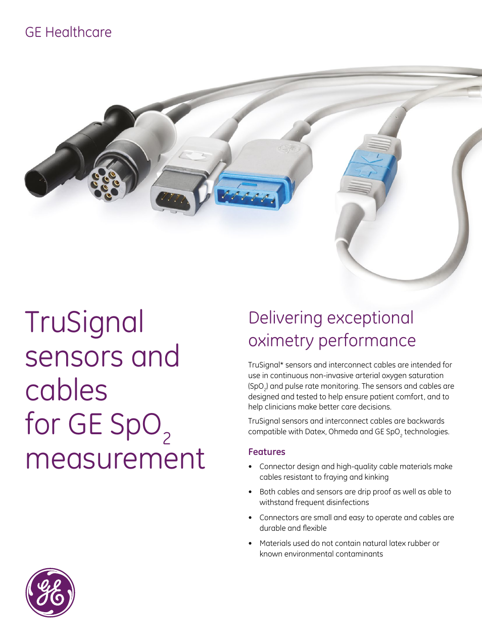 GE Healthcare TruSignal sensors and cables for GE SpO2 measurement User Manual | 6 pages