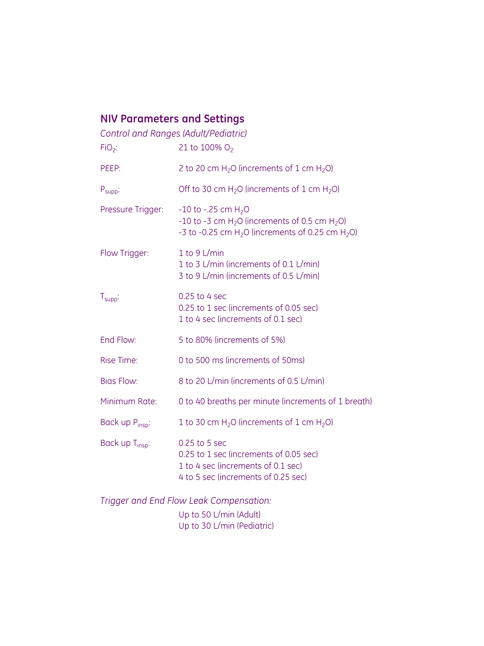 Niv parameters and settings | GE Healthcare Non Invasive Ventilation (NIV) For the Engström Ventilator User Manual | Page 3 / 6