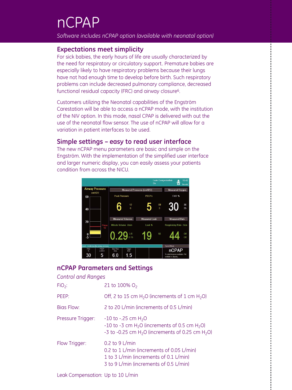 Ncpap, Expectations meet simplicity, Simple settings – easy to read user interface | Ncpap parameters and settings | GE Healthcare Non Invasive Ventilation (NIV) For the Engström Ventilator User Manual | Page 4 / 6