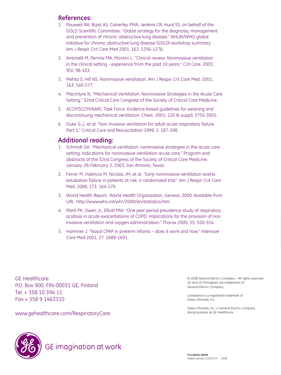 References, Additional reading | GE Healthcare Non Invasive Ventilation (NIV) For the Engström Ventilator User Manual | Page 6 / 6