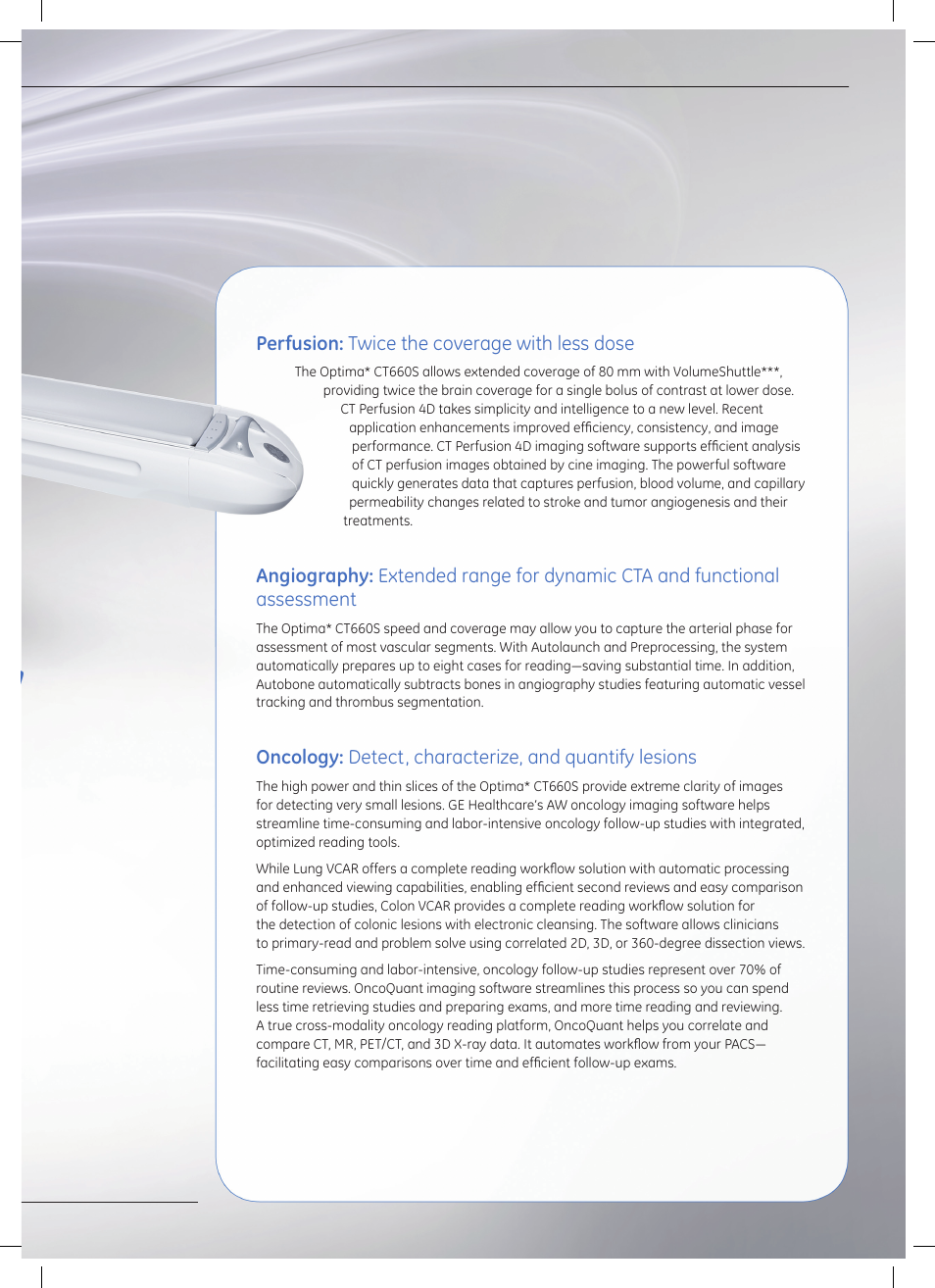 Advanced technology for dynamic studies, Optima* ct660s: for your most critical studies | GE Healthcare Optima CT660S User Manual | Page 9 / 18