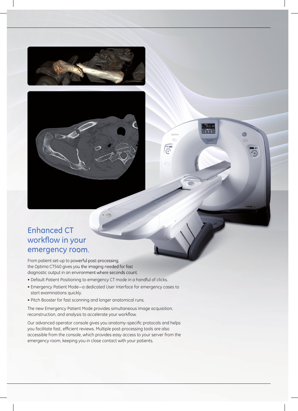 Enhanced ct workfl ow in your emergency room | GE Healthcare Optima CT540 User Manual | Page 11 / 20