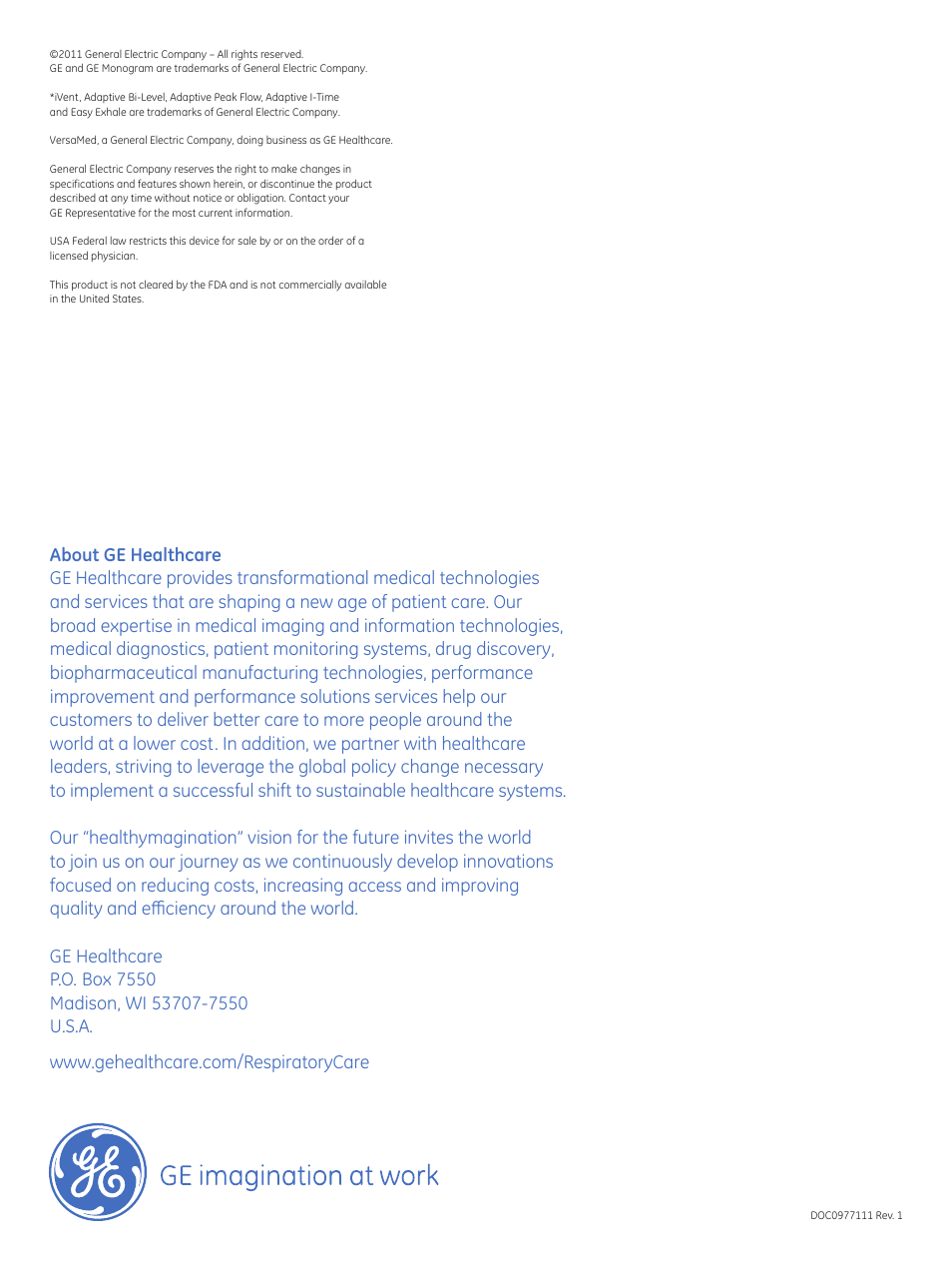 GE Healthcare iVent101 User Manual | Page 6 / 6