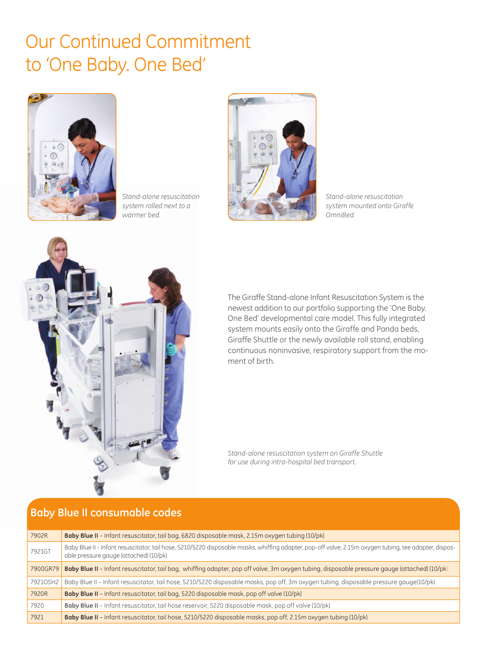 Our continued commitment to ‘one baby. one bed, Baby blue ii consumable codes | GE Healthcare Stand-alone Resuscitation System User Manual | Page 3 / 4