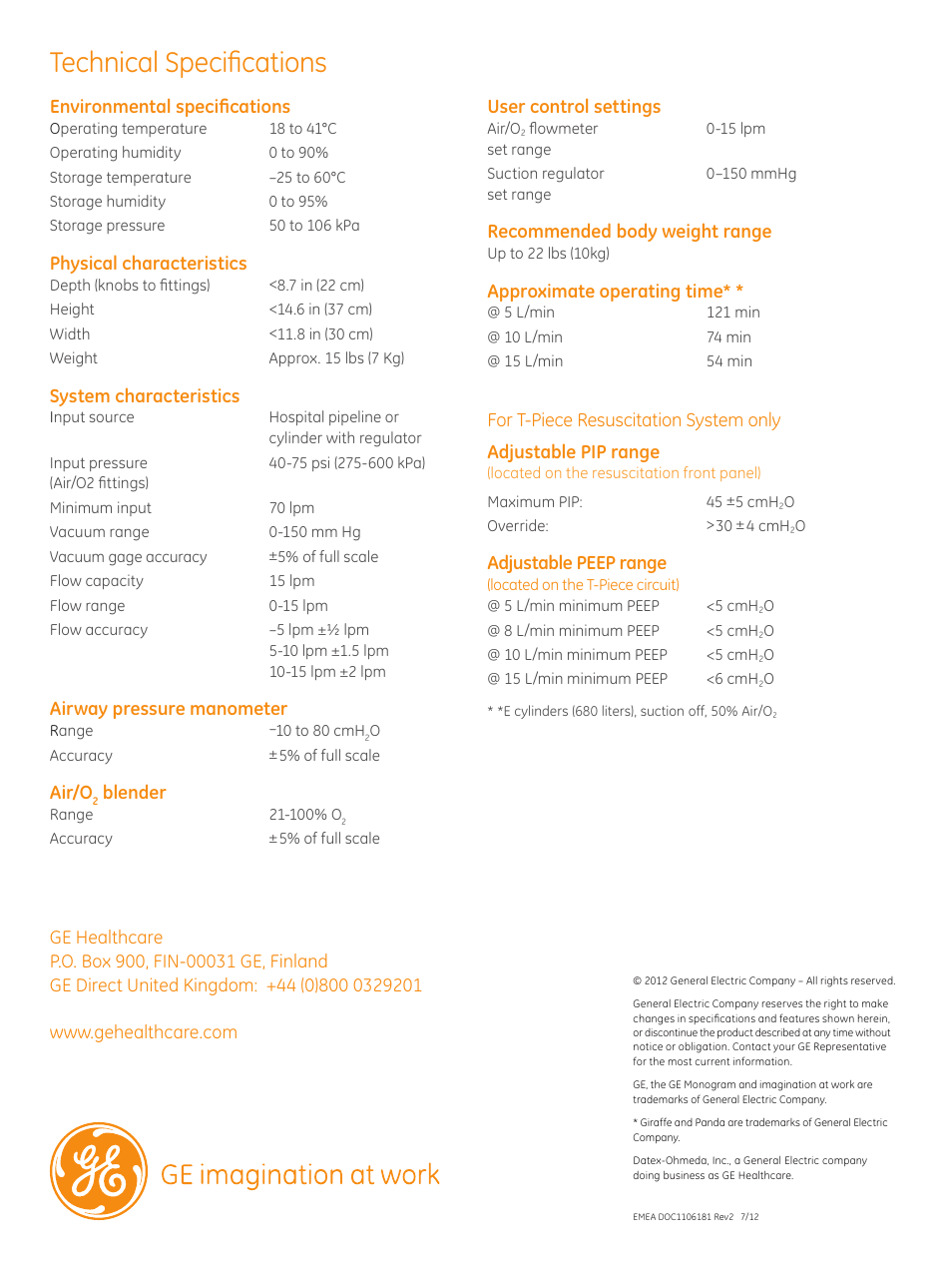 Technical specifications, Environmental specifications, Physical characteristics | System characteristics, Airway pressure manometer, Air/o, Blender, User control settings, Recommended body weight range, Approximate operating time | GE Healthcare Stand-alone Resuscitation System User Manual | Page 4 / 4