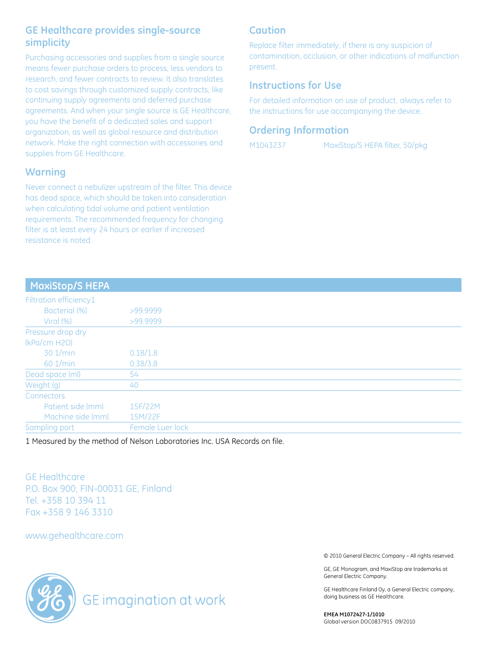 Ge healthcare provides single-source simplicity, Warning, Caution | Instructions for use, Ordering information, Maxistop/s hepa | GE Healthcare MaxiStop_S HEPA Filter User Manual | Page 2 / 2