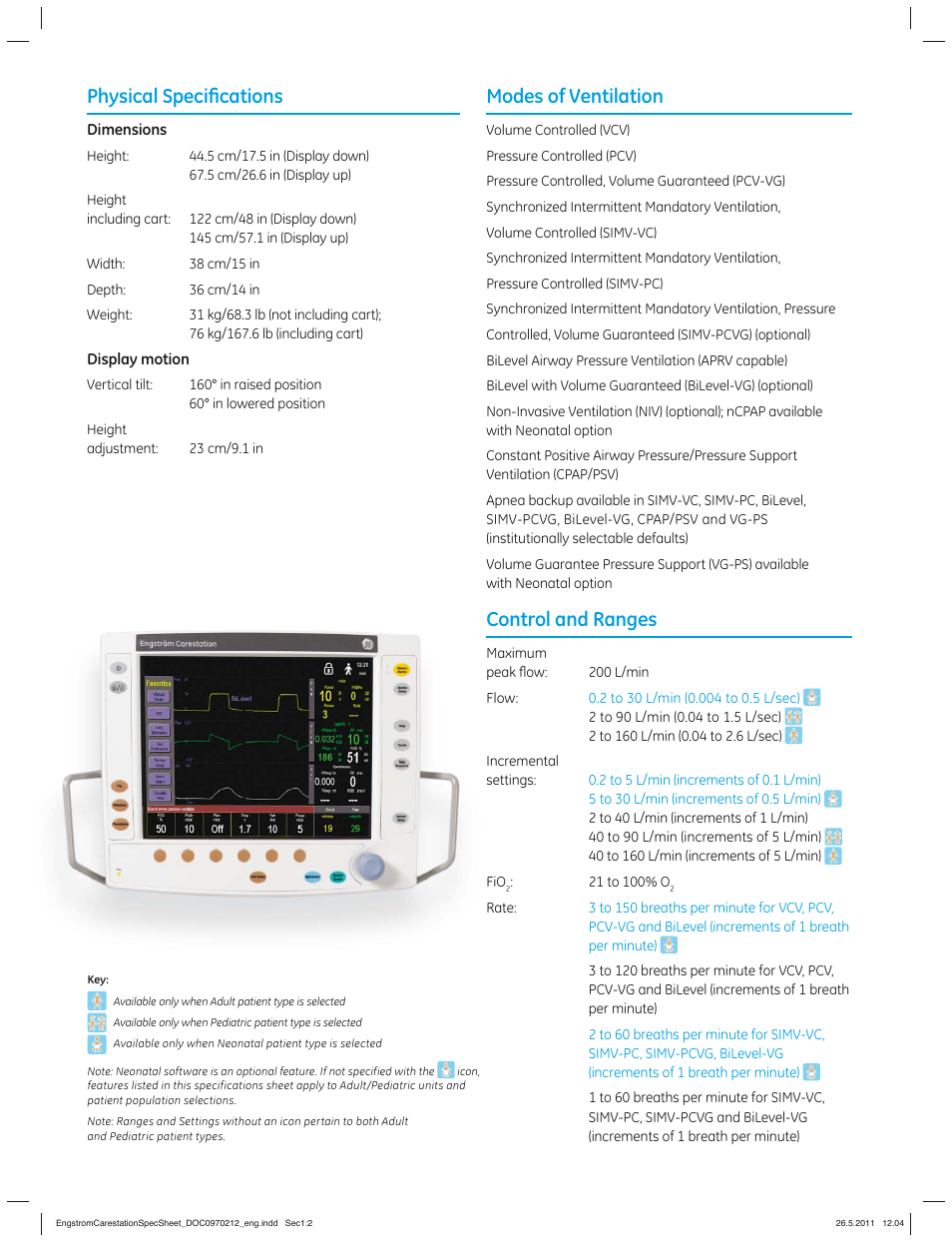 Physical speciﬁ cations, Modes of ventilation, Control and ranges | GE Healthcare Engström Carestation User Manual | Page 2 / 8
