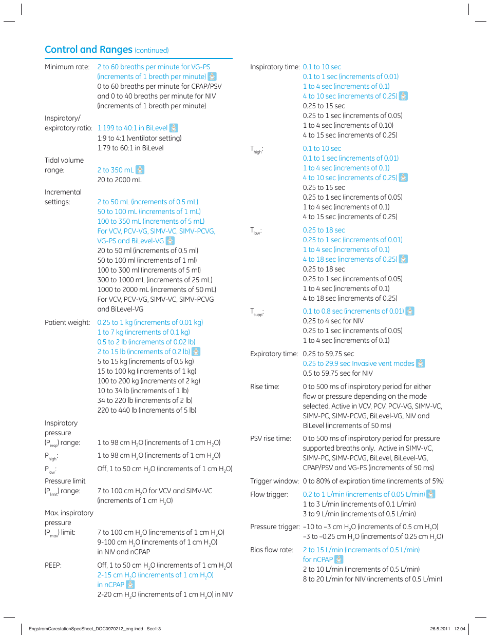 Control and ranges | GE Healthcare Engström Carestation User Manual | Page 3 / 8