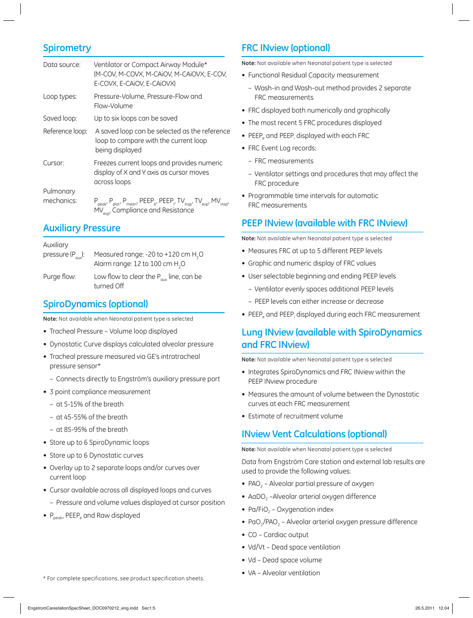 Frc inview (optional), Peep inview (available with frc inview), Inview vent calculations (optional) | Spirometry, Auxiliary pressure, Spirodynamics (optional) | GE Healthcare Engström Carestation User Manual | Page 5 / 8