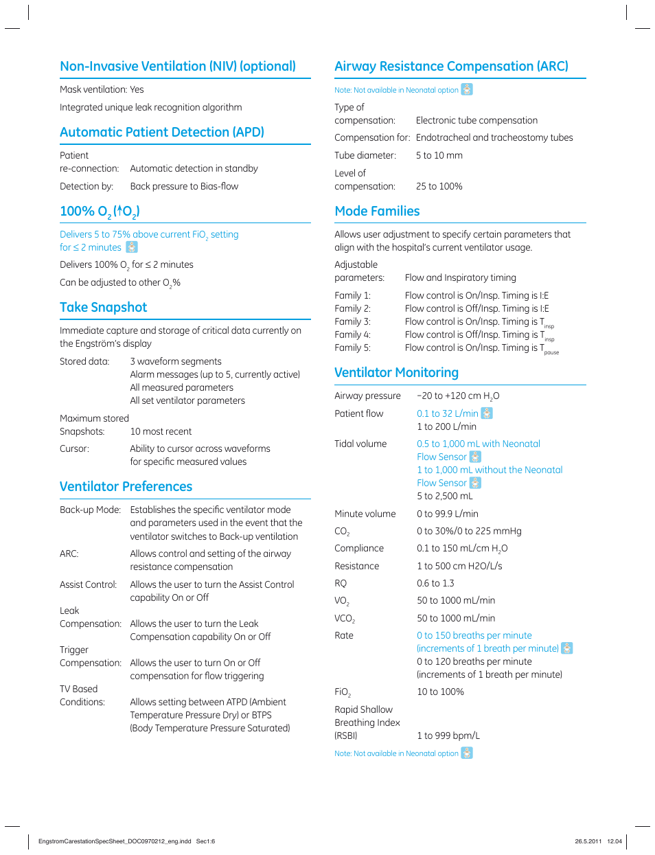 Airway resistance compensation (arc), Mode families, Ventilator monitoring | Non-invasive ventilation (niv) (optional), Automatic patient detection (apd), 100% o, Take snapshot, Ventilator preferences | GE Healthcare Engström Carestation User Manual | Page 6 / 8