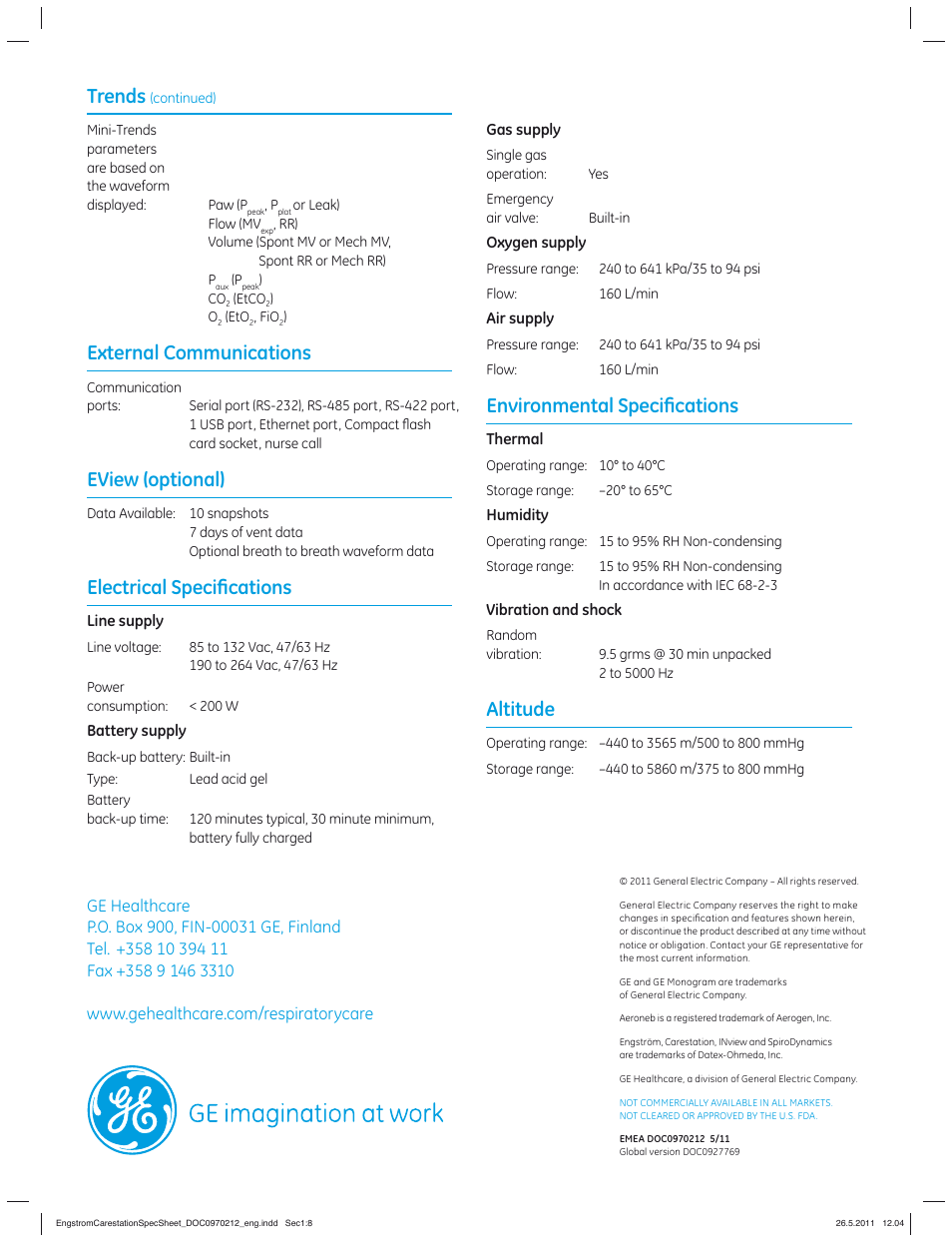 Environmental speciﬁ cations, Altitude, Trends | External communications, Eview (optional), Electrical speciﬁ cations | GE Healthcare Engström Carestation User Manual | Page 8 / 8