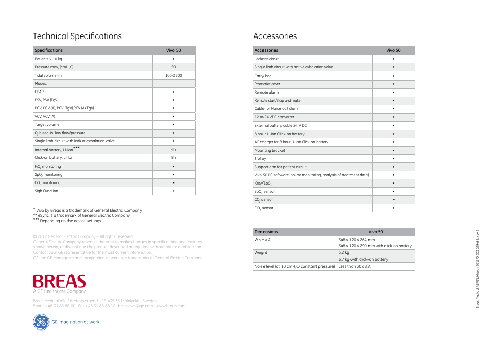 Technical specifications accessories | GE Healthcare Vivo 50 User Manual | Page 12 / 12