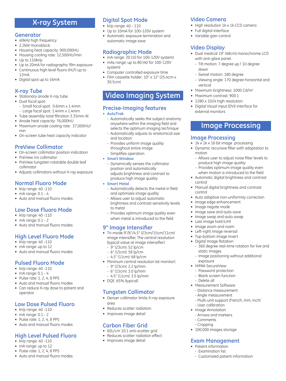 X-ray system, Image processing, Video imaging system | Generator, X-ray tube, Preview collimator, Normal fluoro mode, Low dose fluoro mode, High level fluoro mode, Pulsed fluoro mode | GE Healthcare OEC Brivo Plus User Manual | Page 2 / 4