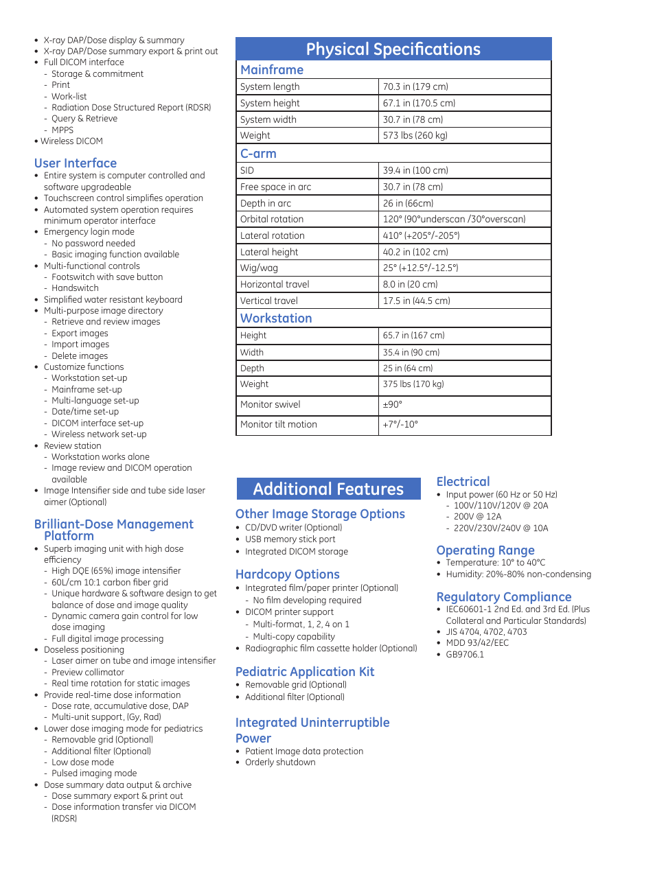 Physical specifications, Additional features, User interface | Brilliant-dose management platform, Mainframe, C-arm, Workstation, Other image storage options, Hardcopy options, Pediatric application kit | GE Healthcare OEC Brivo Plus User Manual | Page 3 / 4