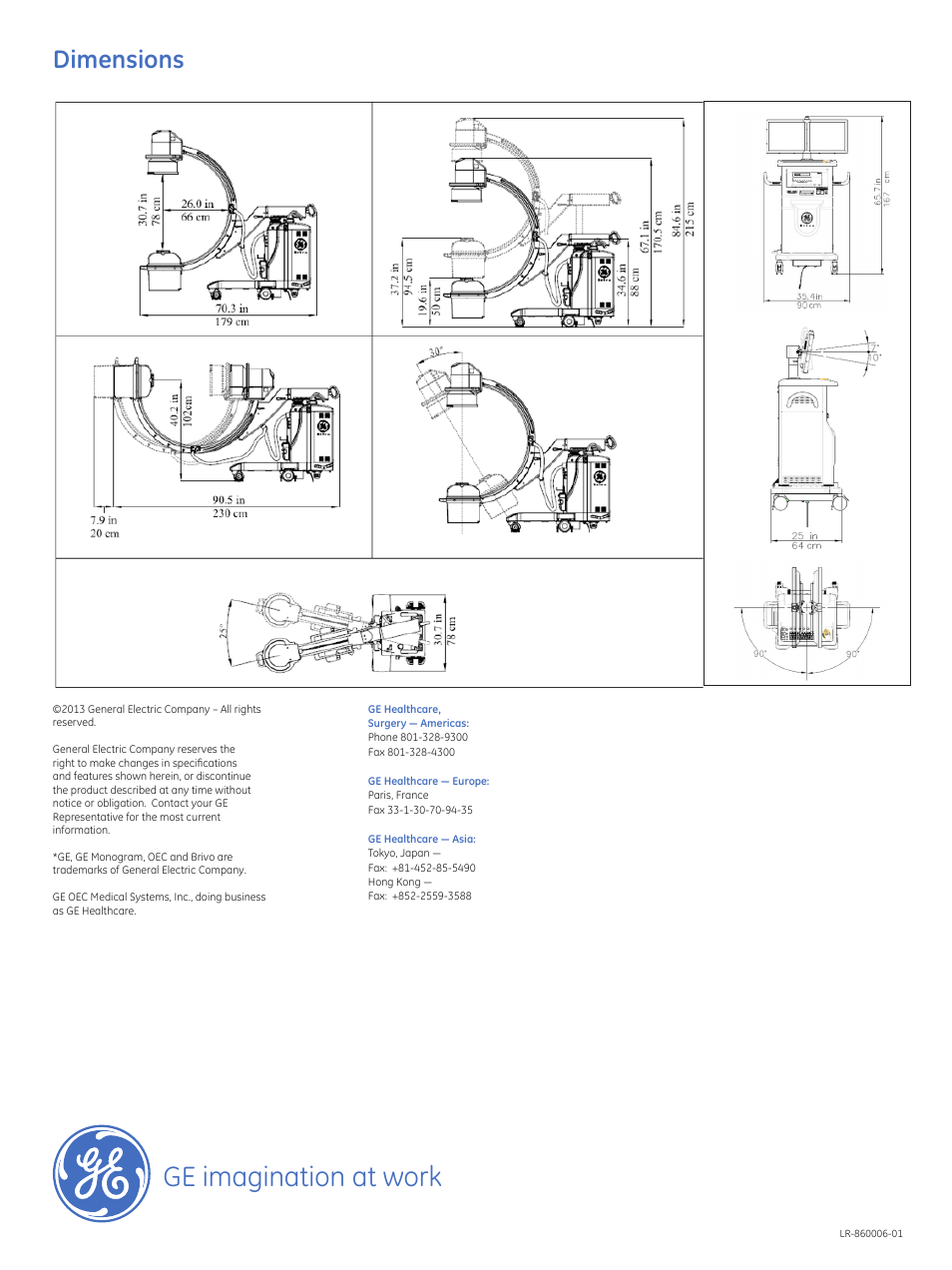 Ge imagination at work, Dimensions | GE Healthcare OEC Brivo Plus User Manual | Page 4 / 4