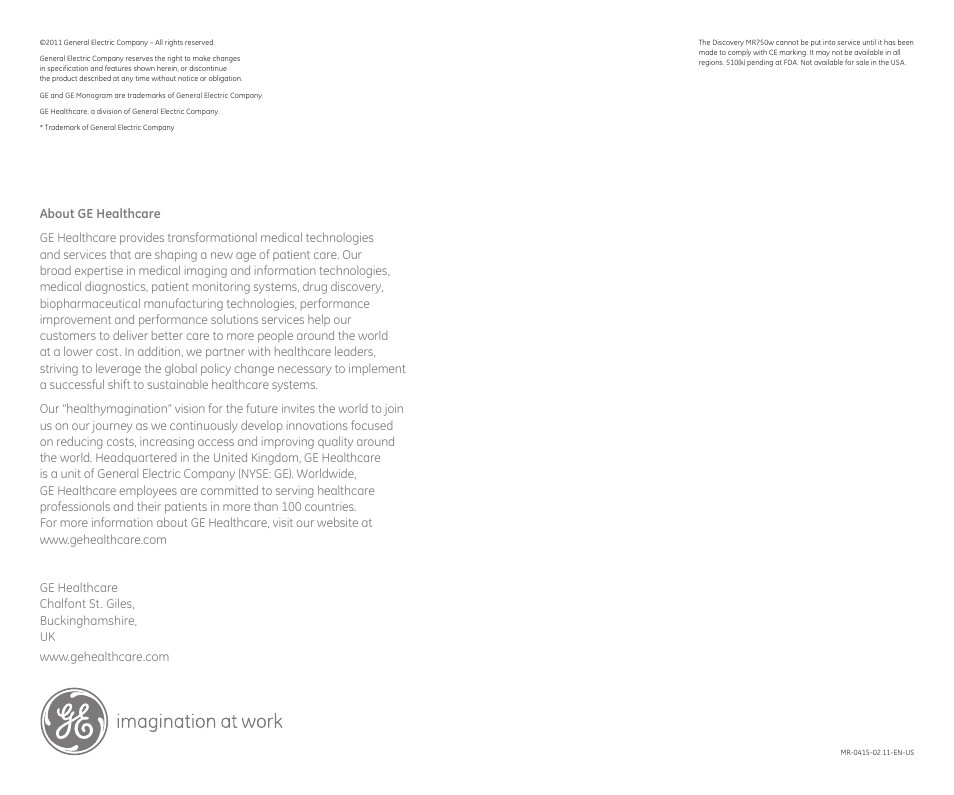 About ge healthcare | GE Healthcare Discovery MR750w 3.0T User Manual | Page 20 / 20
