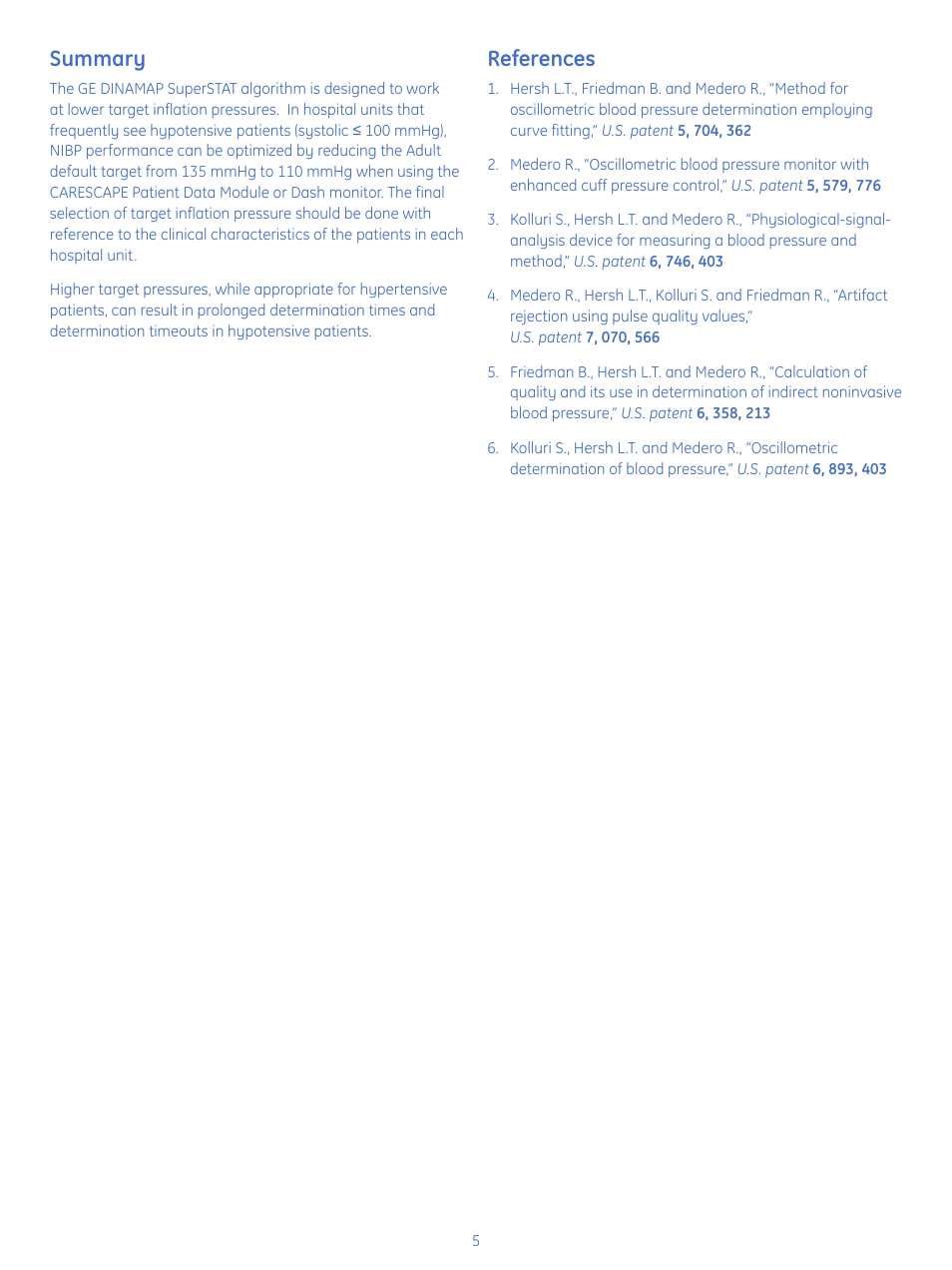 Summary, References | GE Healthcare GE DINAMAP SuperSTAT Algorithm User Manual | Page 5 / 6
