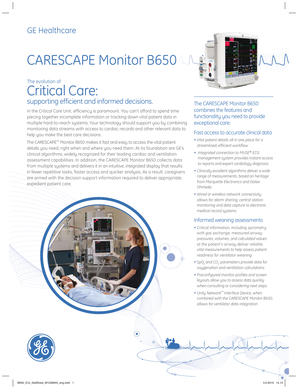 GE Healthcare CARESCAPE Monitor B650 User Manual | 2 pages
