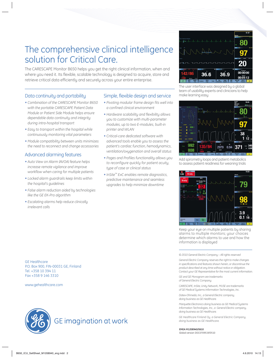 Data continuity and portability, Advanced alarming features, Simple, flexible design and service | GE Healthcare CARESCAPE Monitor B650 User Manual | Page 2 / 2