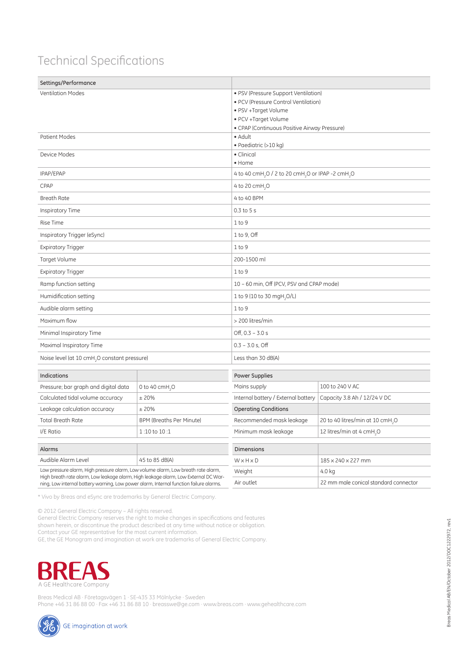 Technical specifications | GE Healthcare Vivo 40 User Manual | Page 2 / 2